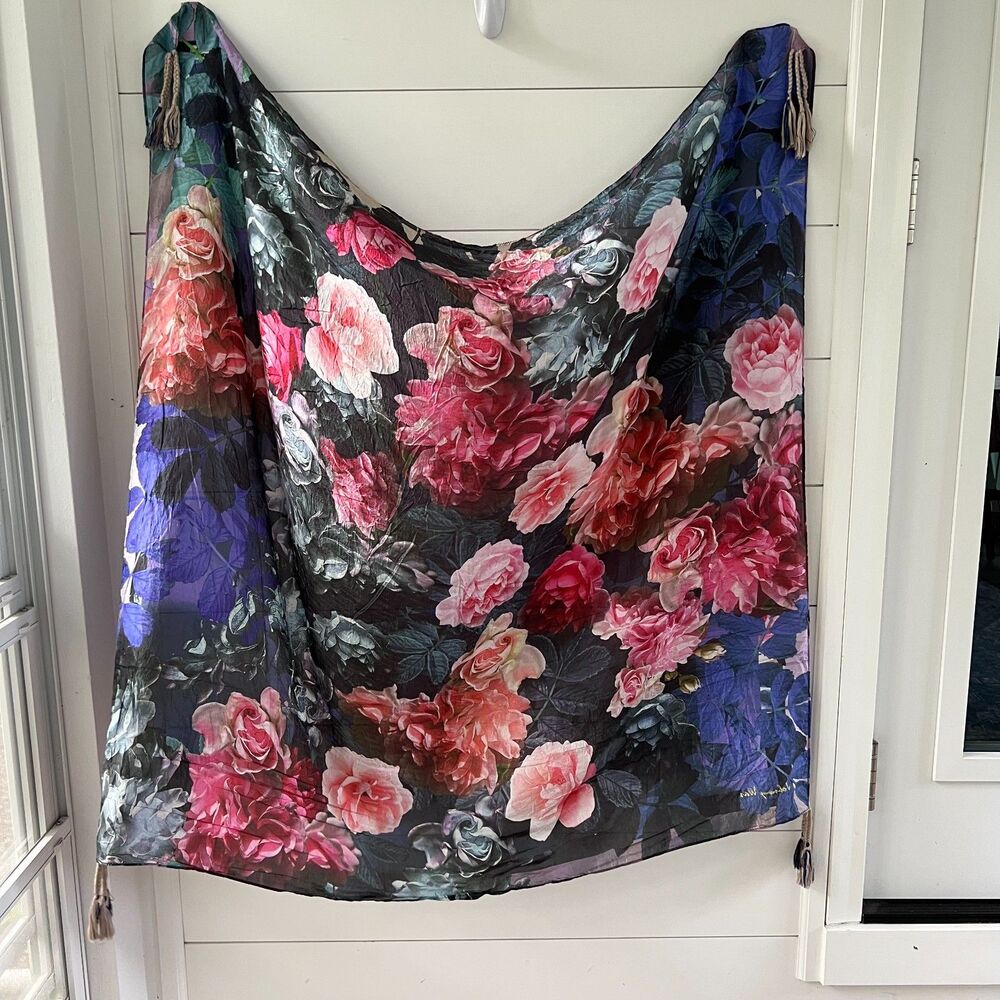 Johnny Was Floral 100% Silk Scarf with Beige Blue Tassels 42" x 42"